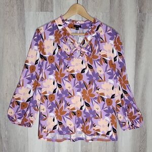 🛍Ann Taylor Womens Large Floral Blouse V Neck 3/4 Sleeve‎ Ruffle Tie Neck NEW